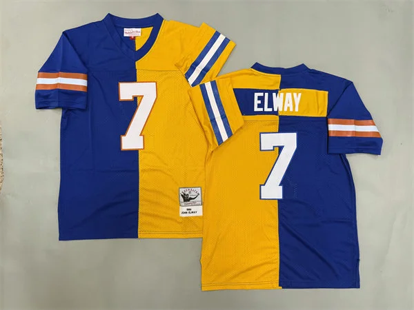 Mens Denver Broncos #7 John Elway 1990 Blue Orange Split Two Tone Throwback Jersey
