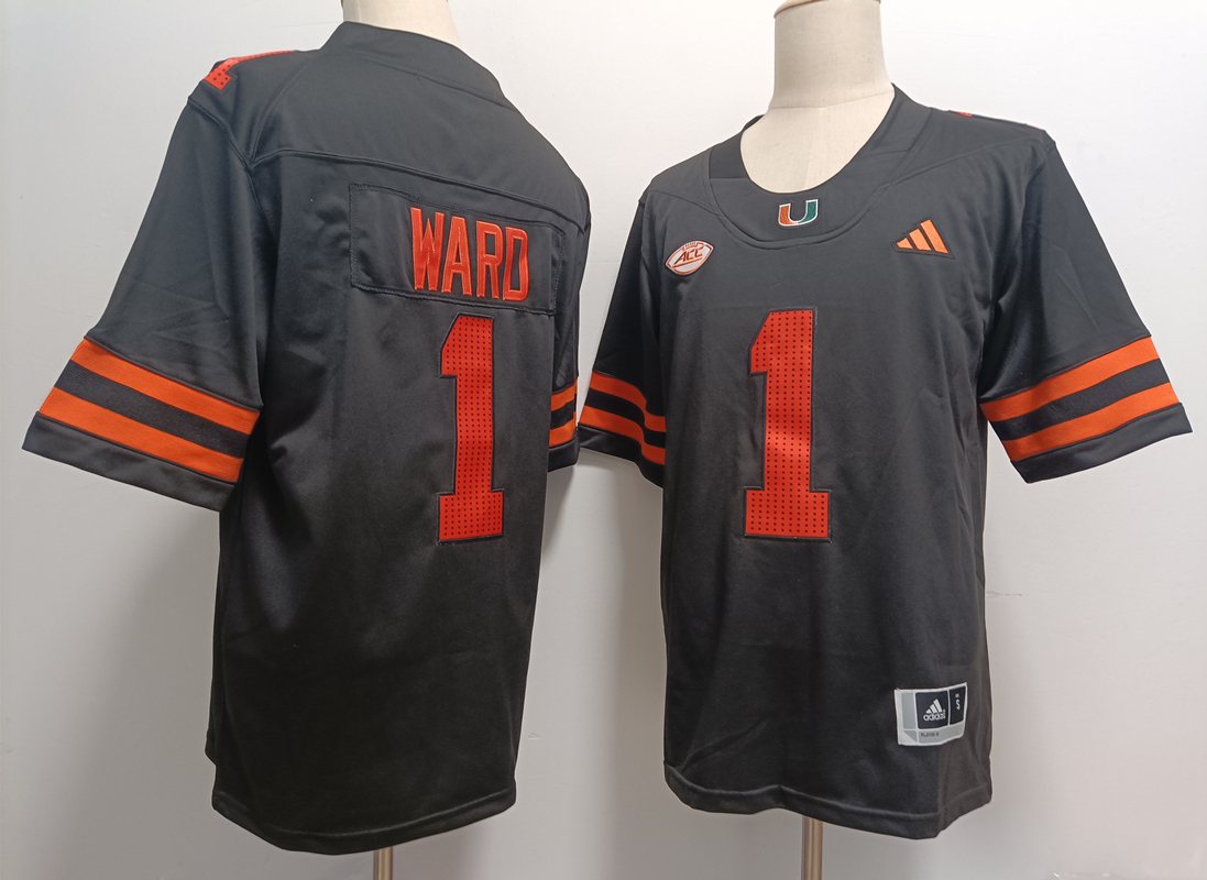 Mens Miami Hurricanes #1 Cam Ward 2024 Black Football Game Jersey