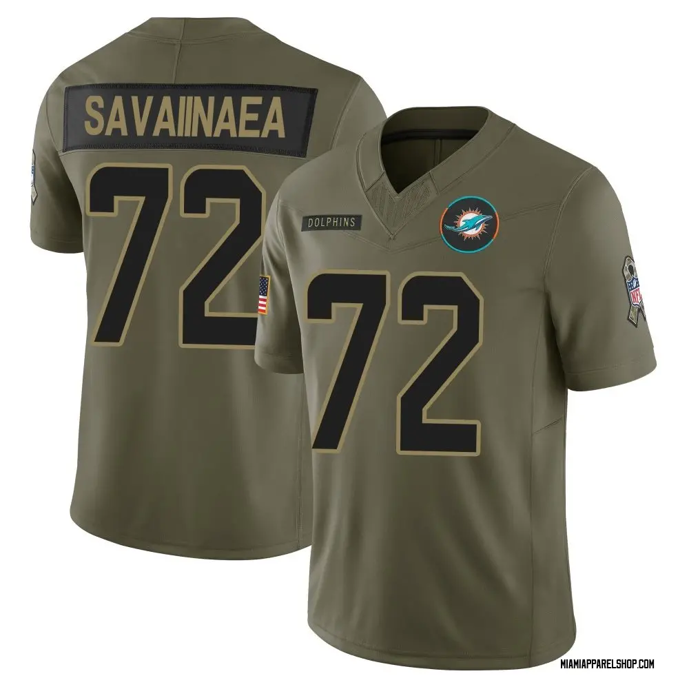 Mens Miami Dolphins #72 Jonah Savaiinaea Nike 2025 Salute to Service Retired Limited Jersey - Olive