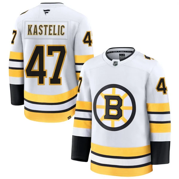 Mens Boston Bruins #47 Mark Kastelic Fanatics 2025 Away White Premium Jersey