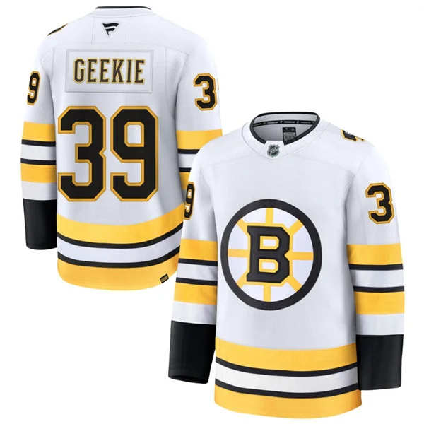 Mens Boston Bruins #39 Morgan Geekie Fanatics 2025 Away White Premium Jersey