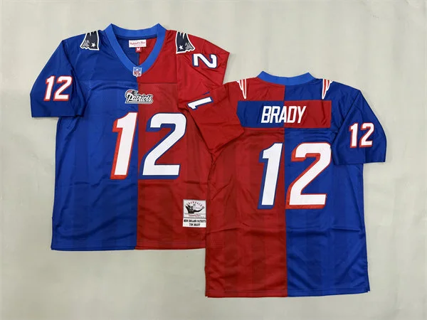 Mens New England Patriots #12 Tom Brady Royal Red Split Two Tone Throwback Jersey