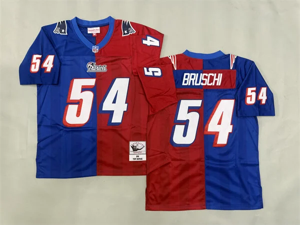 Mens New England Patriots #54 Tedy Bruschi 1996 Royal Red Split Two Tone Throwback Jersey