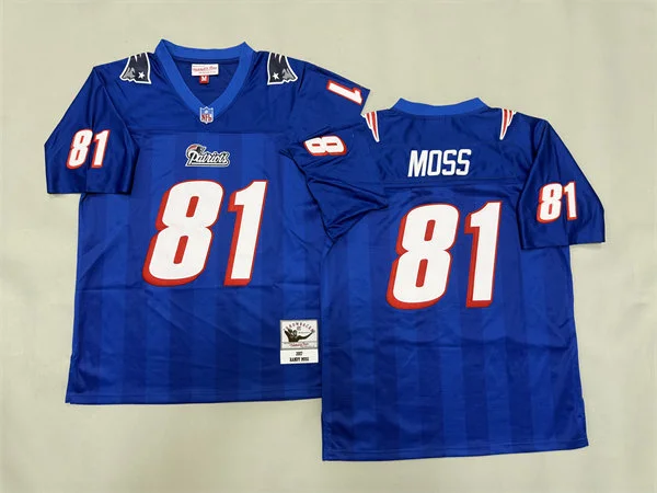 Mens New England Patriots #81 Randy Moss 2007 Royal Throwback Vintage Jersey