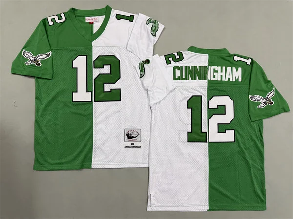 Mens Philadelphia Eagles #12 12 Randall Cunningham 1990 Kelly Green White Split Two Tone Throwback Jersey
