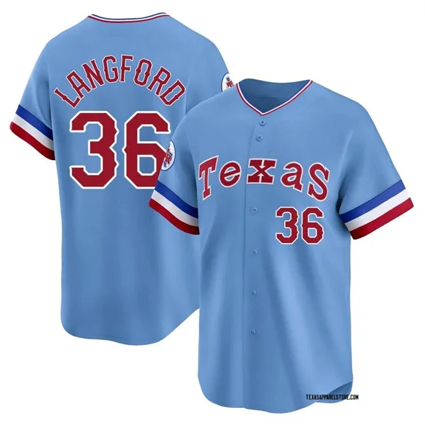 Mens Texas Rangers #36 Wyatt Langford Nike Light Blue Retro Cooperstown Collection Jersey