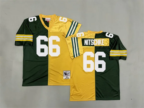 Mens Green Bay Packers #66 Ray Nitschke 1969 Green Gold Split Two Tone Throwback Jersey