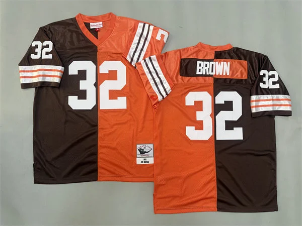 Mens Cleveland Browns #32 Jim Brown 1963 Brown Orange Split Two Tone Throwback Jersey