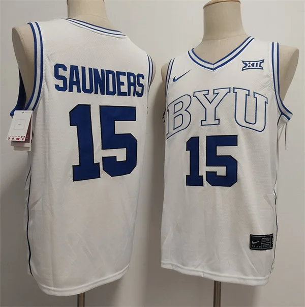 Mens BYU Cougars #15 Richie Saunders 2025 XII White Basketball Game Jersey