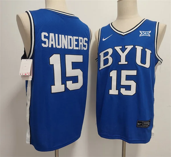Mens BYU Cougars #15 Richie Saunders 2025 XII Royal Basketball Game Jersey