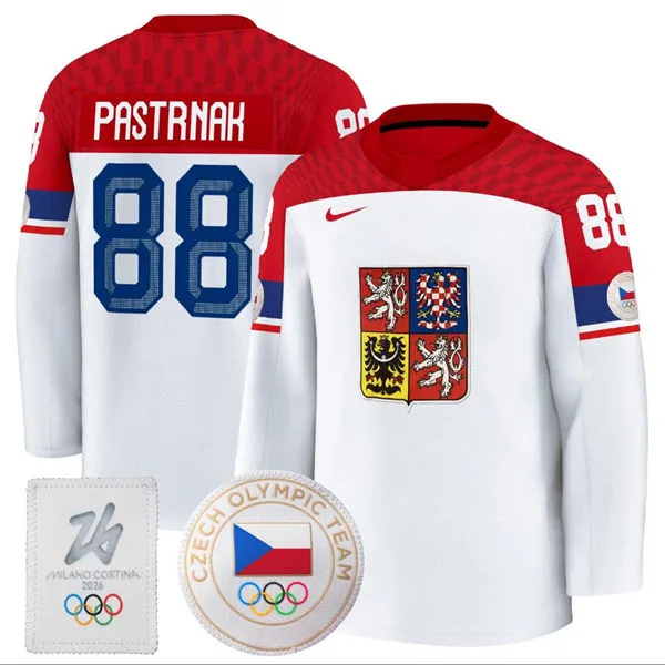 Men's Czechia #88 David Pastrnak 2026 Olympic Hockey Jersey White