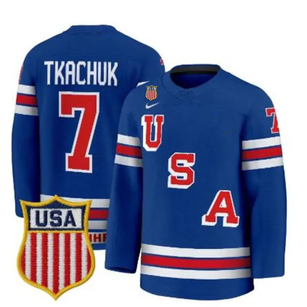 Men's USA #7 Brady Tkachuk Home Blue 2026 Olympic Hockey Jersey