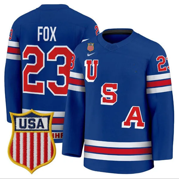 Men's USA #23 Adam Fox Home Blue 2026 Olympic Hockey Jersey