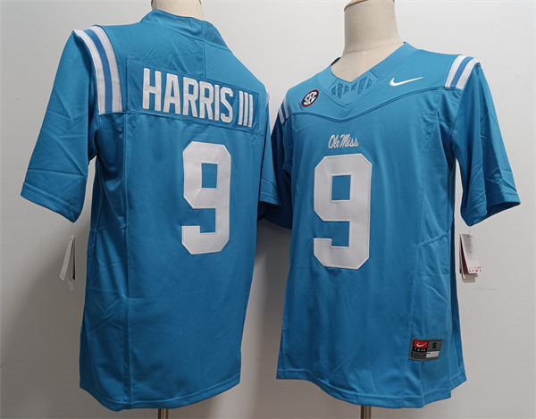 Mens Ole Miss Rebels #9 Tre Harris III Light Blue F.U.S.E. Limited Football Game Jersey