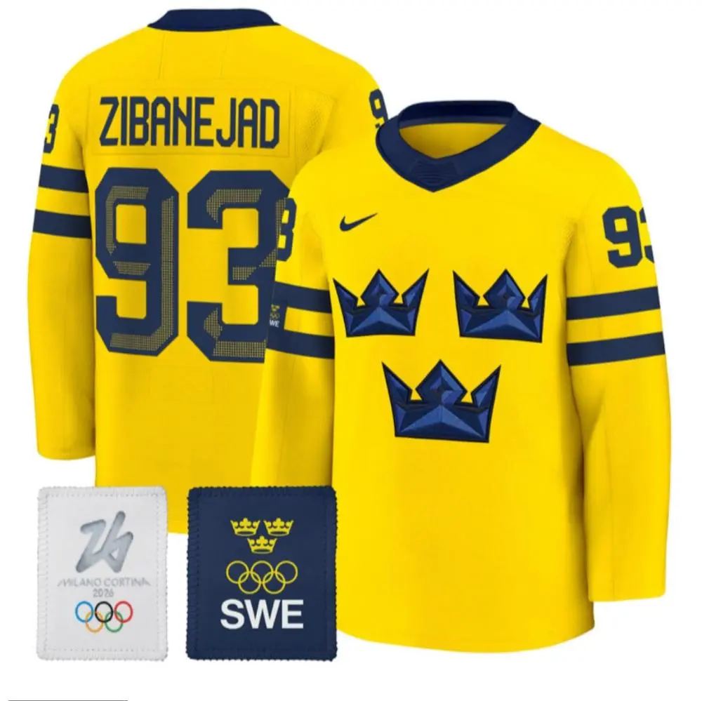 Mens Sweden #93 Mika Zibanejad Gold 2026 Olympic National Hockey Premium Jersey