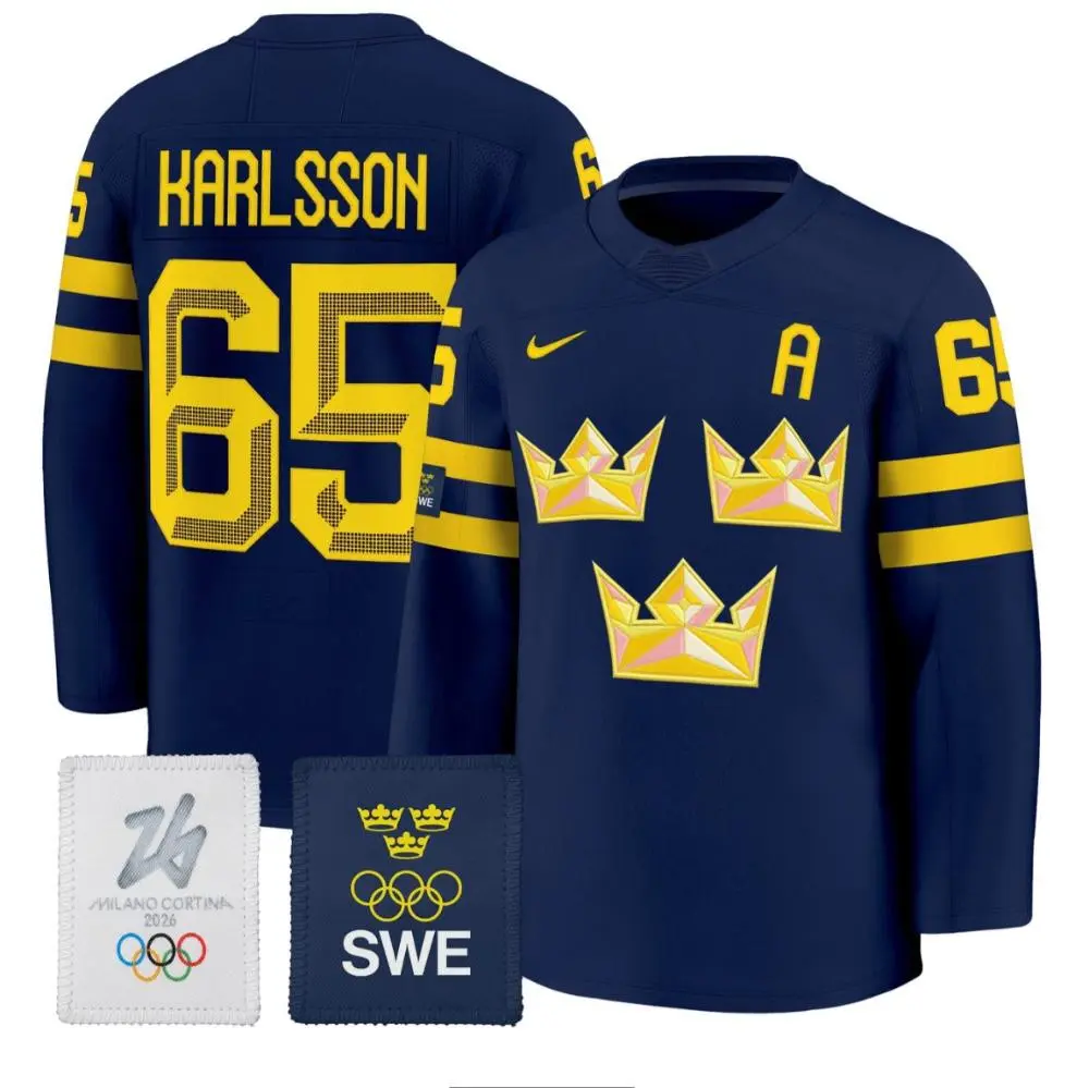 Mens Sweden #65 Erik Karlsson Jersey #65 Sweden Olympic 2026 Premium All Stitched Navy