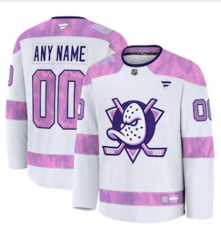 Mens Anaheim Ducks Custom Fanatics White 2024 Hockey Fights Cancer Practice Jersey