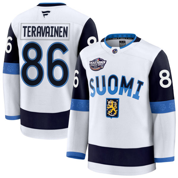 Men's Youth Finland #86 Teuvo Teravainen Fanatics White 2025 4 Nations Face-Off Premium Jersey