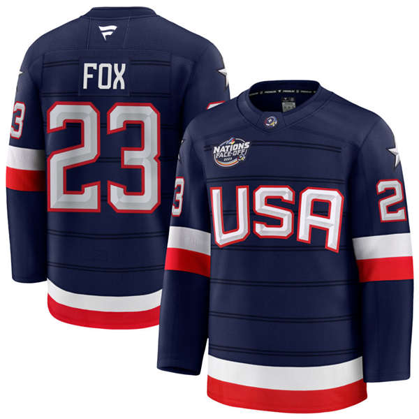 Men's Youth USA #23 Adam Fox Fanatics Navy 2025 4 Nations Face-Off Premium Jersey