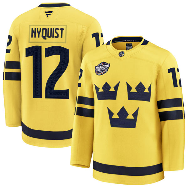 Men's Youth Sweden #12 Gustav Nyquist Fanatics Yellow 2025 4 Nations Face-Off Premium Jersey