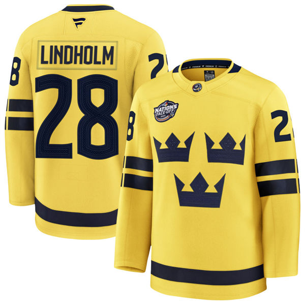 Men's Youth Sweden #28 Elias Lindholm Fanatics Yellow 2025 4 Nations Face-Off Premium Jersey
