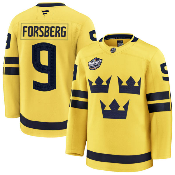 Men's Youth Sweden #9 Filip Forsberg Fanatics Yellow 2025 4 Nations Face-Off Premium Jersey