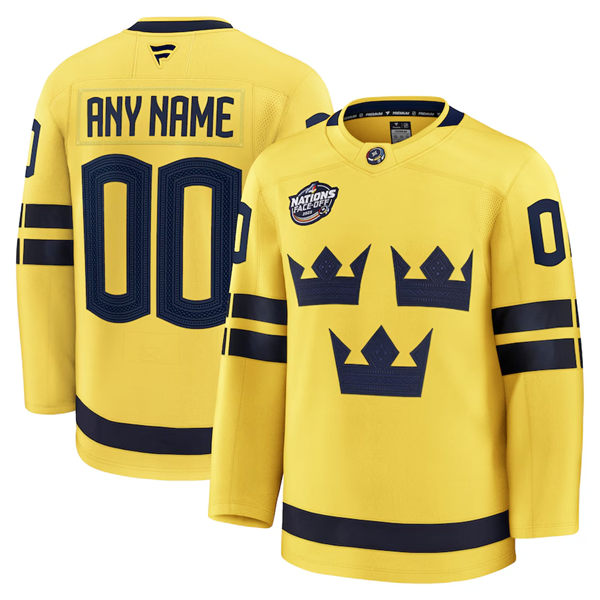 Men's Youth Sweden Custom Fanatics Yellow 2025 4 Nations Face-Off Premium Jersey