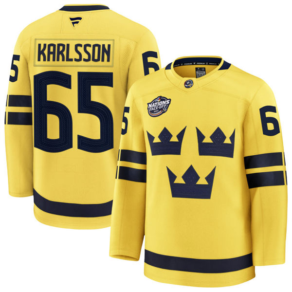 Men's Youth Sweden #65 Erik Karlsson Fanatics Yellow 2025 4 Nations Face-Off Premium Jersey