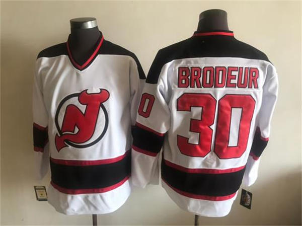 Mens New Jersey Devils #30 Martin Brodeur White CCM Vintage Throwback Jersey
