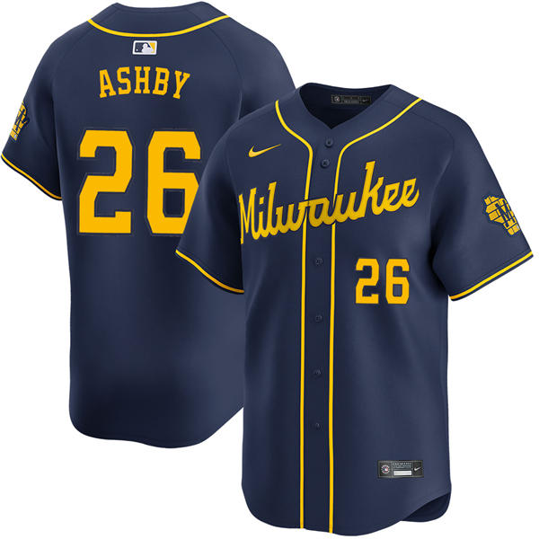 Mens Milwaukee Brewers #26 Aaron Ashby Nike Navy Alternate Limited Jersey