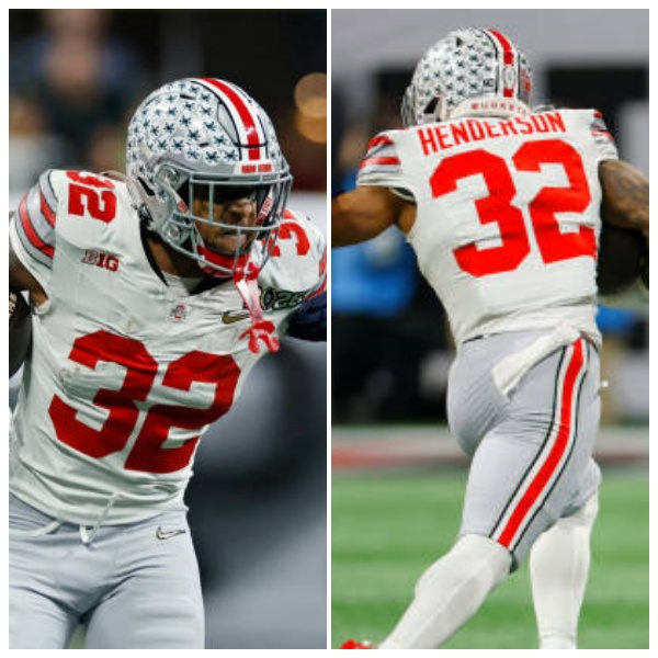 Mens Ohio State Buckeyes #32 TreVeyon Henderson White Diamonds HERITAGE STRIPES Football Game Jersey