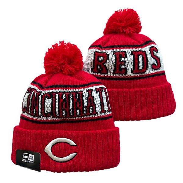 MLB Cincinnati Reds Cuffed Pom Red White Black Knit Hat YD220610