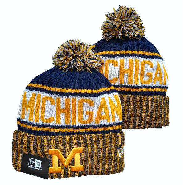 NCAA Michigan Wolverines White Gold Navy Cuffed Pom Knit Hat YD2503191 (25)