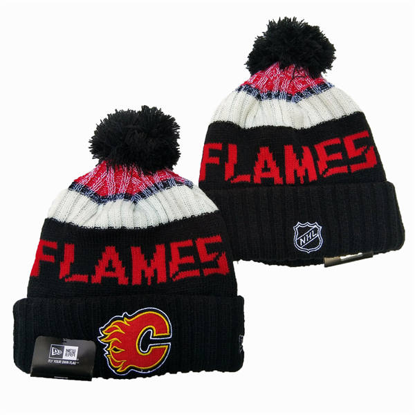 Calgary Flames Black white red Cuffed Pom Knit Hat YD2503211 (23)