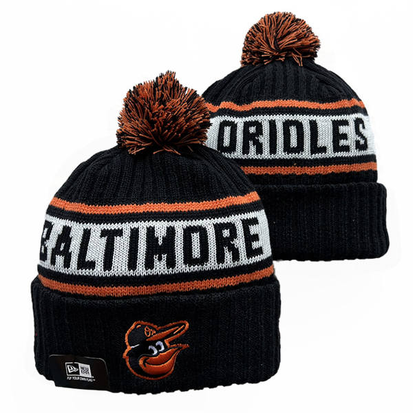 Embroidered MLB Baltimore Orioles Black White Cuffed Pom Knit Hat YD220208