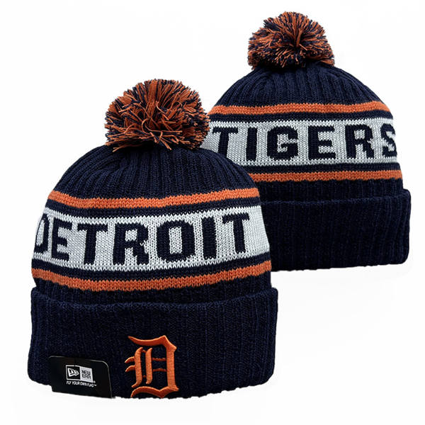 Embroidered MLB Detroit Tigers Navy White Cuffed Pom Knit Hat YD220810