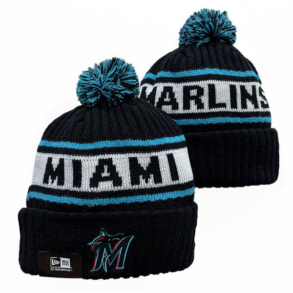 Embroidered MLB Miami Marlins Black White Cuffed Pom Knit Hat YD221208
