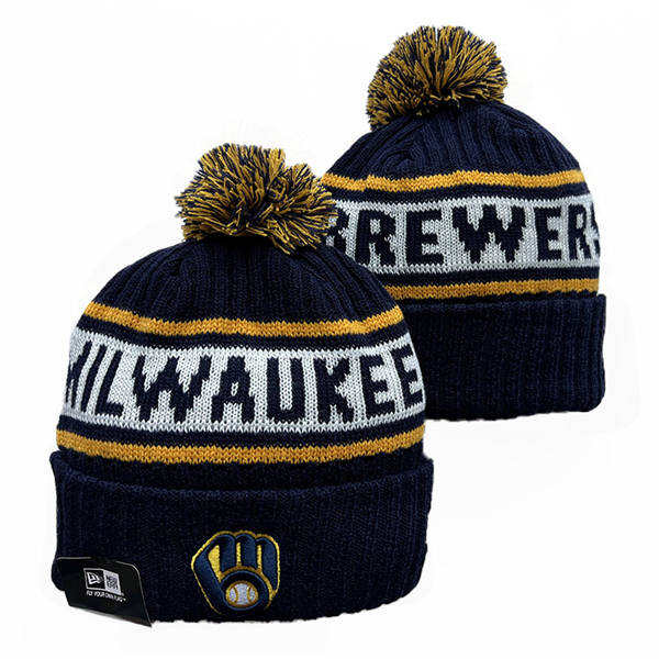 Embroidered MLB Milwaukee Brewers navy white Cuffed Pom Knit Hat YD223008
