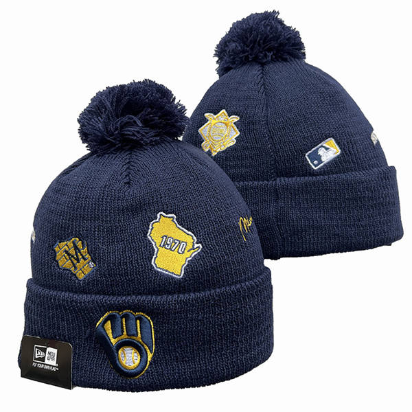 Embroidered MLB Milwaukee Brewers Navy 1970 AnniversaryCuffed Pom Knit Hat YD223007