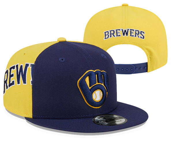 Embroidered MLB Milwaukee Brewers navy gold two tone Cuffed Pom Knit Hat YD23011