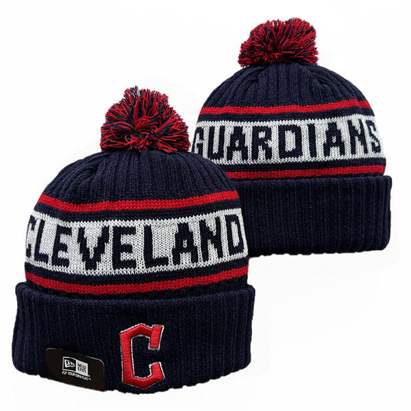 Embroidered Cleveland Guardians navy white Cuffed Pom Knit Hat YD220714