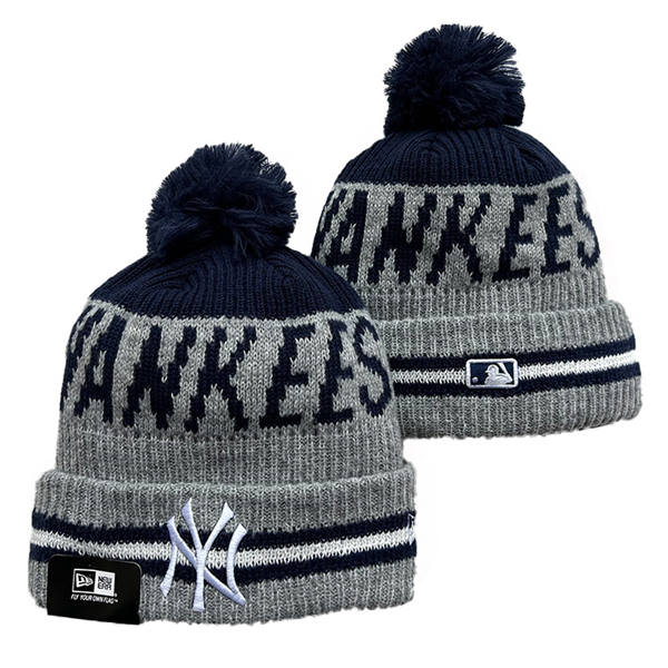 Embroidered New York Yankees Gray Navy Cuffed Pom Knit Hat YD250225 (1)