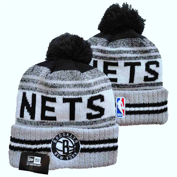 NBA Brooklyn Nets Gray White Black Cuffed Pom Knit Hat YD2503212 (2)