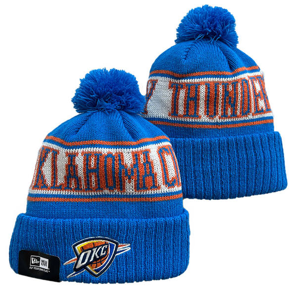 NBA Oklahoma City Thunder Blue White Orange Cuffed Pom Knit Hat YD2503212