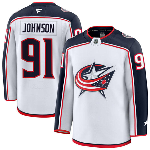 Mens Columbus Blue Jackets #91 Kent Johnson Fanatics White Away Player Jersey