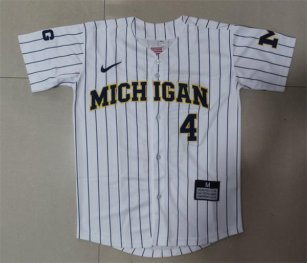 Mens Youth Michigan Wolverines #4 Noah Miller 2024 White White Pinstripe Limited Baseball Jersey