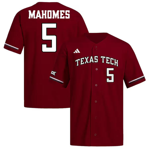 Mens Youth Texas Tech Red Raiders #5 Patrick Mahomes 2025 Adidas Red Baseball Game Jersey