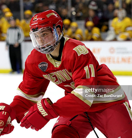 Mens Youth Denver Pioneers #11 Samu Salminen 2025 Crimson College Hockey Game Jersey