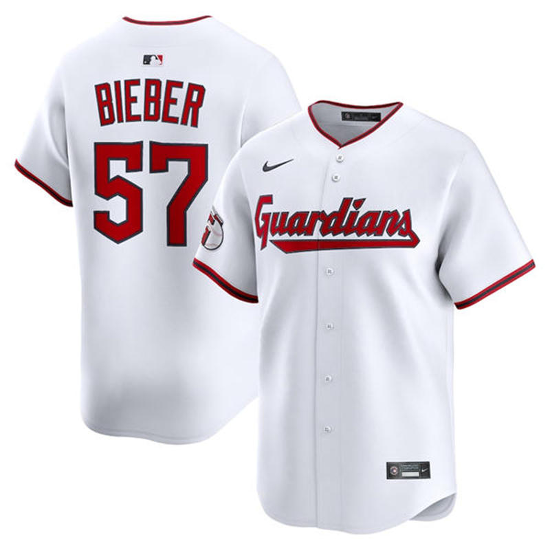 Youth Cleveland Guardians #57 Shane Bieber Nike 2025 White Home Limited Player Jersey