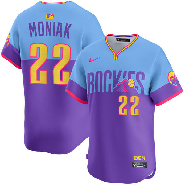 Mens Colorado Rockies #22 Mickey Moniak Nike 2025 City Connect 2.0 Limited Jersey Purple Light Blue